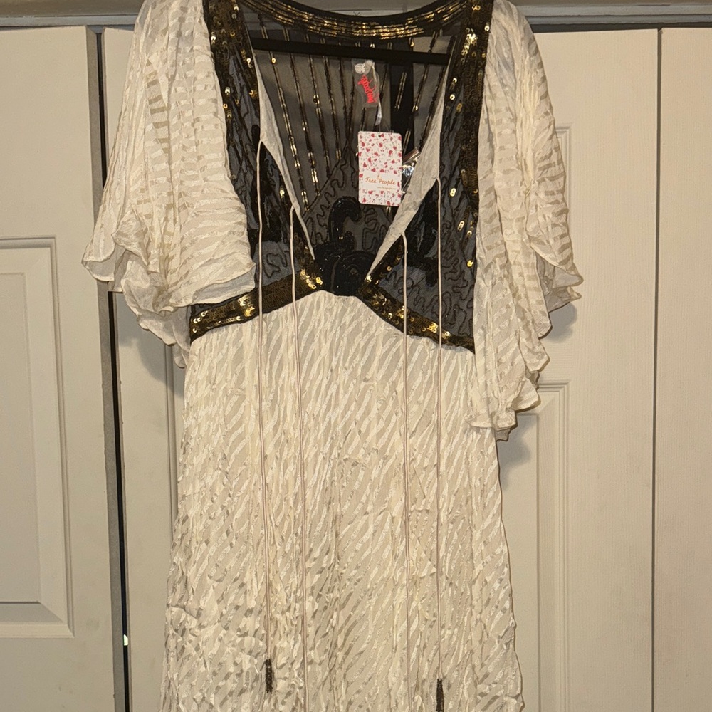 Free People White and Gold Mini Dress with Black Sheer Detail - Picture 3 of 6